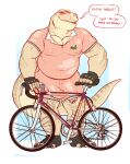  2021 absurd_res anthro belly bicycle big_bulge big_muscles big_penis blue_background bodily_fluids border bottomwear bulge clothed clothing dialogue dinosaur fingerless_gloves footwear foreskin french_text front_view genital_fluids genital_outline genitals gloves gradient_background handwear hi_res humanoid_genitalia humanoid_penis looking_at_viewer louis_(serex) male musclegut muscular muscular_anthro muscular_male navel_outline nipple_outline penis penis_outline penis_through_leghole poking_out precum reptile scalie serex shirt shorts simple_background smile solo standing sweat talking_to_viewer text theropod toeless_footwear topwear translated tyrannosaurid tyrannosaurus tyrannosaurus_rex url white_border 
