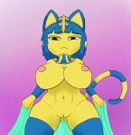  2021 absurd_res animal_crossing ankha_(animal_crossing) anthro big_breasts breasts clothing cranihum domestic_cat felid feline felis female frown genitals gradient_background hi_res holding_object holding_towel huge_breasts legwear looking_at_viewer looking_down mammal mostly_nude nintendo pussy simple_background solo squish thigh_highs thigh_squish towel video_games 