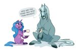  centaurworld dialogue duo english_text equid equine female feral fetlocks hasbro hi_res holding_object horn horse horse_(centaurworld) ing izzy_moonbow_(mlp) krossan_(artist) looking_at_another mammal mlp_g5 my_little_pony my_little_pony:_a_new_generation netflix open_mouth pony simple_background sitting speech_bubble text unicorn white_background 
