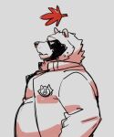  2021 anthro belly biped bodily_fluids canid canine clothing cyanroll kuon_(cyanroll) leaf male mammal overweight overweight_male raccoon_dog shirt simple_background solo sweat tanuki topwear 