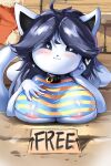  &lt;3 &lt;3_eyes 2021 2:3 anthro areola big_breasts black_hair black_sclera blush breast_rest breasts canid canine chobonolly clothing collar felid feline female fur hair hi_res looking_at_viewer mammal nipples public_use shirt smile solo tem temmie_(undertale) tight_clothing tight_shirt tight_topwear topwear undertale undertale_(series) video_games white_body white_fur 