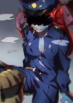  absurd_res animal_humanoid belt blue_body blue_clothing blue_shirt blue_skin blue_topwear breasts censored_face cleavage clothed clothing female fish fish_humanoid hair hi_res humanoid marine marine_humanoid police_hat police_uniform pugthe2ro red_hair shirt topwear undertale undertale_(series) undyne uniform video_games 