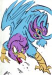  absurd_res angry avian beak bird bird_feet blue_body feathered_wings feathers feral galliform green_eyes gryphon gyro_feather gyrotech hi_res male mythological_avian mythology paws peafowl phasianid pink_body quadruped sprech4 tail_tuft tuft wings 