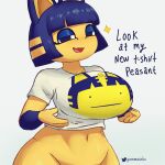  1:1 2021 absurd_res animal_crossing ankha_(animal_crossing) anthro big_breasts blue_hair bottomless breast_focus breasts clothed clothing dialogue domestic_cat english_text felid feline felis female gammainks hair half-closed_eyes half-length_portrait hi_res huge_breasts looking_at_viewer mammal narrowed_eyes nintendo open_mouth open_smile portrait shirt simple_background smile solo t-shirt talking_to_viewer text topwear video_games white_background wide_hips yellow_body 