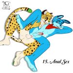  1:1 absurd_res anal anal_penetration anthro balls blue_body blue_fur bodily_fluids butt cheetah cum cum_in_ass cum_inside cum_on_penis cum_while_penetrated cumshot digit_ring digital_media_(artwork) duo ejaculation erection felid feline fur genital_fluids genitals gustobunny hair hands-free hi_res humanoid_genitalia jewelry lagomorph leporid male male/male male_penetrated male_penetrating male_penetrating_male mammal nude omithefox open_mouth orgasm paws penetration penis rabbit ring sex simple_background smile spots text toe_ring tongue tongue_out white_body white_fur 