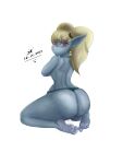  2021 3:4 anthro big_butt blonde_hair blue_body blue_fur butt clothed clothing covering covering_breasts fangs feet female fur hair hi_res humanoid kneeling league_of_legends looking_at_viewer panties pink_eyes ponytail poppy_(lol) riot_games rocketrachet scapula signature simple_background small_waist soles solo thick_thighs thong topless topless_anthro topless_female underwear video_games white_background yordle 