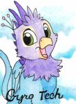 avian badge beak bird blue_body feathered_wings feathers feral galliform green_eyes gryphon gyro_feather helicityponi male mythological_avian mythology open_mouth peafowl phasianid pink_body quadruped solo wings 