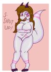  absurd_res anthro big_breasts blush breasts claws covering covering_breasts covering_crotch embarrassed eyeshadow female graycatluna grey_body hi_res horn kobold luna_(graycatluna) makeup nude slightly_chubby solo thick_tail thick_thighs 