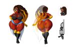 absurd_res anthro avian big_breasts big_butt bird breasts butt cleavage clothed clothing female gun hand_on_hip hi_res huge_butt jean_wayne_tyson ranged_weapon rear_view simple_background solo tansau thick_thighs weapon white_background 