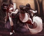  anthro blothed bottomwear breasts bunnywhiskerz canid canine canis cleavage clothed clothing digital_media_(artwork) female hat headgear headwear legwear mammal panties shaded skirt solo thigh_highs torn_clothing underwear witch_hat wolf 
