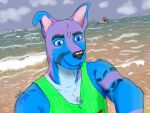  4:3 beach boat canid canine canis clothed clothing domestic_dog hi_res humanoid male mammal phanterbull poochybig sea seaside selfie shirt solo tank_top topwear vehicle water watercraft 