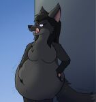  belly black_nose blueflarefox1 breasts canid canine canis chub_(disambiguation) diana digestion featureless_breasts female female_pred fur hi_res hungry mammal overweight pawpads pink_pawpads pink_tongue slightly_chubby solo teeth tongue tongue_out vore wolf 