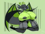  4:3 anthro battybytes big_breasts big_tail black_body black_nipples breasts claws countershading dragon ear_fins female fin green_background green_body green_breasts green_countershading green_eyes hi_res horn huge_breasts kaya_(knockedoutdragon) kneeling nipples reptile scalie simple_background solo western_dragon wings 