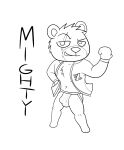  animal_crossing anthro bare_chest bulge clothed clothing darkajugin fan_character flexing hi_res jacket jockstrap looking_at_viewer male mammal messy_fur mighty_(kalentao) monochrome nintendo open_clothing open_jacket open_topwear scar simple_background smile smirk solo topwear underwear ursid video_games 