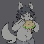  1:1 anthro burger canid canine chest_tuft chipped_ear clothed clothing eating eyes_closed food fox hair male mammal messy_hair sog_(squishy) solo squishy_(artist) tail_tuft topless tuft underwear underwear_only 