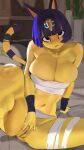  9:16 absurd_res animal_crossing ankha_(animal_crossing) anthro bangs big_breasts breasts chest_wraps cleavage clothed clothing domestic_cat felid feline felis female fur genitals hi_res leaning leaning_back mammal nintendo pussy smewed solo spread_legs spreading video_games wraps yellow_body yellow_fur 