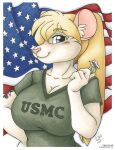  2021 anthro big_breasts blonde_hair blue_eyes breasts cleavage clothed clothing english_text female fur hair mammal michele_light mouse murid murine pink_nose rodent solo stars_and_stripes tattoo tessa_(steel_panther) text united_states_of_america white_body white_fur 