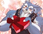  &lt;3 5:4 anthro blue_body blue_fur blush candy_box canid canine canis chain chain_accessory chigiri clothed clothing eyebrows fangs fur heart_box hi_res kemono male mammal murasaki_kikyou muscular muscular_male one_eye_closed presenting red_eyes shirt smile solo tank_top thick_eyebrows topwear were werecanid werecanine werewolf wink wolf 