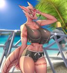  absurd_res anthro big_breasts breasts camel_toe cleavage clothed clothing dragon ear_piercing ear_ring female hi_res kyodashiro nipples piercing solo translucent translucent_clothing 