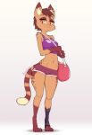  2021 anthro bottomwear brown_body brown_fur clothed clothing crop_top digital_media_(artwork) domestic_cat felid feline felis female fully_clothed fur gradient_background hi_res kionbee leg_markings looking_at_viewer mammal markings midriff pink_nose pupils shirt shorts simple_background slit_pupils smile socks_(marking) solo spots spotted_body spotted_fur topwear yellow_eyes 