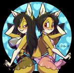  aj_(ajvulpes) alexis_(ajvulpes) anthro back_to_back balls big_breasts black_body black_clothing black_fur black_hair blue_heart blush bottomwear bra breasts button_nose canid canine circle_background clothed clothing crossdressing duo embarrassed erection eyebrows female fox fur genitals girly hair hand_behind_head hand_on_clothing hi_res lingerie long_hair male male/female mammal mellyarts multicolored_body multicolored_fur nipples penis pink_clothing raised_tail red_eyes short_hair skirt smile sultry_gaze translucent translucent_clothing underwear white_body white_fur yellow_body yellow_fur 