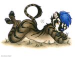  2021 aanya_(draegwolf) anthro black_nose blue_hair breasts brown_body brown_fur fangs female fur hair hooves looking_at_viewer lying mammal michele_light nude on_front solo striped_body striped_fur stripes 