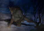  american_mythology anthro balls bodily_fluids canid canine chupacabra cryptid genitals male mammal mythology paws raised_arm red_eyes saliva snarling solo spines tjin_(artist) 