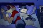  anthro bed brown_hair canid canine canis clothed clothing cuddling duo fluffy fluffy_tail fredryk_phox fur furniture groping_from_behind guardians_of_the_galaxy hair headgear headwear looking_at_another looking_pleasured male male/male mammal marvel multicolored_body multicolored_fur on_bed pillow procyonid raccoon wolf 