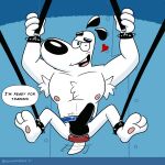  1:1 absurd_res anthro bdsm bondage bound canid canine canis clothing dildo domestic_dog dudley_puppy hi_res ismcartoons male mammal muscular nickelodeon sex_toy solo t.u.f.f._puppy text text_on_clothing text_on_underwear underwear 