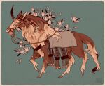  accessory ambiguous_gender bridle brown_body brown_fur clothing cloven_hooves equid equine feral flower flower_in_hair fur hair hair_accessory hooves horn leaf looking_back mammal morteraphan plant reins side_view simple_background solo tassels unicorn 