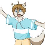  anthro blue_eyes brown_body brown_fur brown_hair canid canine canis clothing fangs fur hair hi_res hoodie male mammal morenatsu open_mouth razzle_muzzle shun_(morenatsu) simple_background smile topwear video_games visual_novel whiskers white_background wolf 
