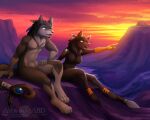  5:4 abluedeer anthro black_body black_fur breasts canid canine canis duo featureless_breasts female fur gloves_(marking) grey_body grey_fur male mammal markings melee_weapon neck_tuft nude open_mouth polearm spear sunset tuft weapon wolf 