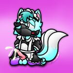  1:1 anthro balls blush bodily_fluids canid canine clothed clothing erection fan_character footwear fox fur gag gagged genitals hair hi_res maid_uniform male mammal miloyoshi penis simple_background socks solo uniform 