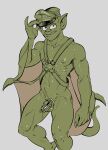  2021 abs absurd_res anthro balls chastity_cage chastity_device claws clothing disney ear_piercing flaccid gargoyle gargoyles genitals green_body green_skin grey_background harness hat hat_tip headgear headwear hi_res humanoid_genitalia humanoid_penis humanoid_pointy_ears lexington_(gargoyles) lock male muscular muscular_anthro muscular_male navel nipples nude pecs penis piercing simple_background smagma smile solo sounding_rod urethral wings 