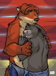  2017 anthro belly black_nose canid canine clothing disney duo embrace eyes_closed fox gideon_grey grey_body hi_res hug humanoid_hands k-9 lagomorph leporid male male/male mammal orange_body overalls overweight overweight_male rabbit stu_hopps zootopia 
