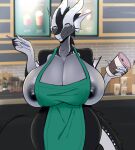  2021 2_horns anthro apron apron_only areola areola_slip big_breasts black_areola black_body breasts cleavage clothed clothing collarbone container counter countershading cup curvaceous curvy_figure digital_media_(artwork) dragon female green_apron grey_eyes hi_res holding_cup holding_object horn huge_breasts i_mean_breast_milk looking_at_viewer meme mostly_nude nanniras pen pupils reptile scalie shaded slit_pupils smile solo standing starbucks thick_thighs thigh_up voluptuous white_body white_countershading wingless_dragon zuriel_(spacesharkarzul) 
