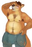  2016 anthro armpit_hair belly blush bodily_fluids body_hair canid canine clothing disney fox gideon_grey hi_res horrorbuns humanoid_hands male mammal moobs navel nipples overalls overweight overweight_male simple_background solo sweat white_background zootopia 