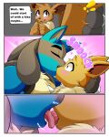  ! &lt;3 4:5 absurd_res anthro anthrofied black_nose blue_body blue_fur blush bodily_fluids brown_body brown_fur canid canine chest_tuft comic deerrobin dialogue drooling eevee english_text french_kissing fur head_grab hi_res kissing licking lips lucario male male/male mammal neck_tuft nintendo onomatopoeia open_mouth pink_background pok&eacute;mon pok&eacute;mon_(species) saliva saliva_on_tongue saliva_string simple_background size_difference sloppy_kiss sound_effects teeth text tongue tongue_out tuft video_games 