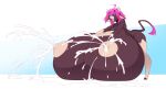  2019 anthro big_breasts biped blue_eyes bodily_fluids bovid bovine breasts brown_body brown_fur cattle coco_(ramudey) female fur hair hi_res hooves horn huge_breasts hyper hyper_breasts lactating leaning leaning_forward looking_pleasured mammal milk milk_puddle pink_hair ramudey solo tongue tongue_out white_horn 
