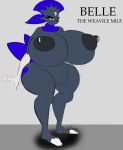  anthro belle_the_weavile_milf big_breasts big_butt black_body blue_body blue_feathers blue_tattoo bodily_fluids breast_milking breasts butt english_text feathers female gem genitals huge_breasts huge_butt lactating mammal mature_female mustelid musteline nintendo pok&eacute;mon pok&eacute;mon_(species) pussy riku9797 smile solo tattoo text video_games weavile white_hands 