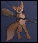  anthro bastiel bed black_border blizzard_entertainment border canid canine female fennec fox furniture hi_res kick lying lying_on_bed mammal melee_weapon on_bed polearm pregnant solo video_games vulpera warcraft weapon 