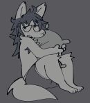  anthro armpit_hair body_hair canid canine chest_tuft chipped_ear clothed clothing fox greyscale hair holding_object knee_tuft leg_tuft male mammal messy_hair monochrome open_mouth pillow pillow_hug sog_(squishy) solo squishy_(artist) tail_tuft tuft underwear underwear_only 
