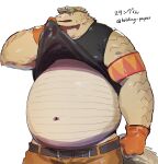  2021 absurd_res anthro belly biped bodily_fluids bottomwear camel_canyon clothing english_text gloves handwear hi_res humanoid_hands kemono male navel obese obese_male overweight overweight_male pants shi_ha_chi shirt simple_background solo sweat text topwear white_background 