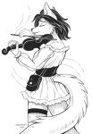  2021 5_fingers anthro black_and_white bowed_string_instrument canid canine clothed clothing dress eyes_closed female fingers fur hair humanoid_hands mammal monochrome musical_instrument playing_music playing_violin pouch_(disambiguation) signature sketch smile snowsnow11 solo standing string_instrument violin 