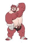  2021 anthro armpit_hair balls bandage bearwivme body_hair bulge clothing facial_piercing genitals giant_panda hi_res humanoid_genitalia humanoid_hands humanoid_penis kemono male mammal nose_piercing nose_ring one_eye_closed overweight overweight_male penis piercing red_body simple_background solo underwear ursid white_background white_body wink 