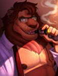  anthro beastars body_hair chest_hair cigar clothed clothing exposed_chest eyewear felid fur glasses hair hi_res ibuki_(beastars) lion looking_at_viewer male mammal mane muscular muscular_anthro muscular_male nipples open_mouth pantherine pawpads pecs simple_background smoke solo tattoo thediyemi topwear unbuttoned_shirt whiskers 