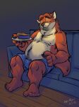  2018 anthro belly bulge canid canine clothing dessert disney food fox furniture gideon_grey hi_res humanoid_hands k-9 male mammal moobs nipples orange_body overweight overweight_male pie sitting sofa solo underwear zootopia 