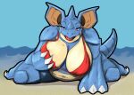  absurd_res anthro belly bent_over big_breasts bikini breast_grab breasts claws cleavage clothed clothing female hand_on_breast hi_res huge_breasts mature_female nidoqueen nintendo pok&eacute;mon pok&eacute;mon_(species) seductive slightly_chubby solo swimwear tolerain_(artist) tongue video_games 