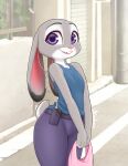  2021 anthro black_body black_fur bottomwear breasts buckteeth clothed clothing day detailed_background disney ears_down female fully_clothed fur grey_body grey_fur hi_res judy_hopps kionbee lagomorph leporid light lighting looking_at_viewer mammal multicolored_body multicolored_fur outside pants pink_nose pivoted_ears purple_eyes rabbit shaded shirt smile solo standing tank_top teeth thick_thighs topwear white_body white_fur wide_hips zootopia 