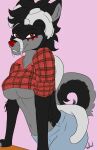  2021 animatronic anthro black_body black_fur breasts canid canine canis clothed clothing digital_media_(artwork) domestic_dog enigma female fur grey_body grey_fur hair hi_res hybrid looking_at_viewer machine mammal meme red_eyes robot sa-chat shirt shirt_cut_meme simple_background smile solo topwear under_boob wolf 